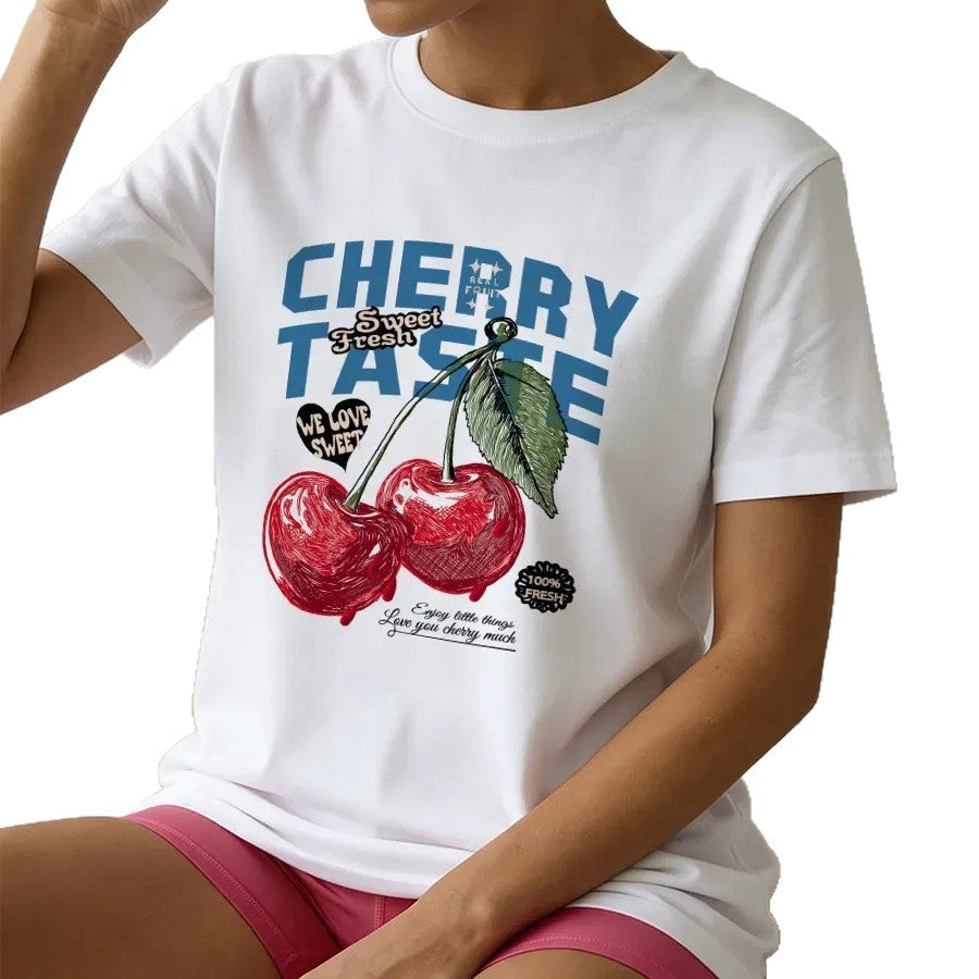 Cherry Letter Print Cotton T-Shirt | Unisex Loose Fit
