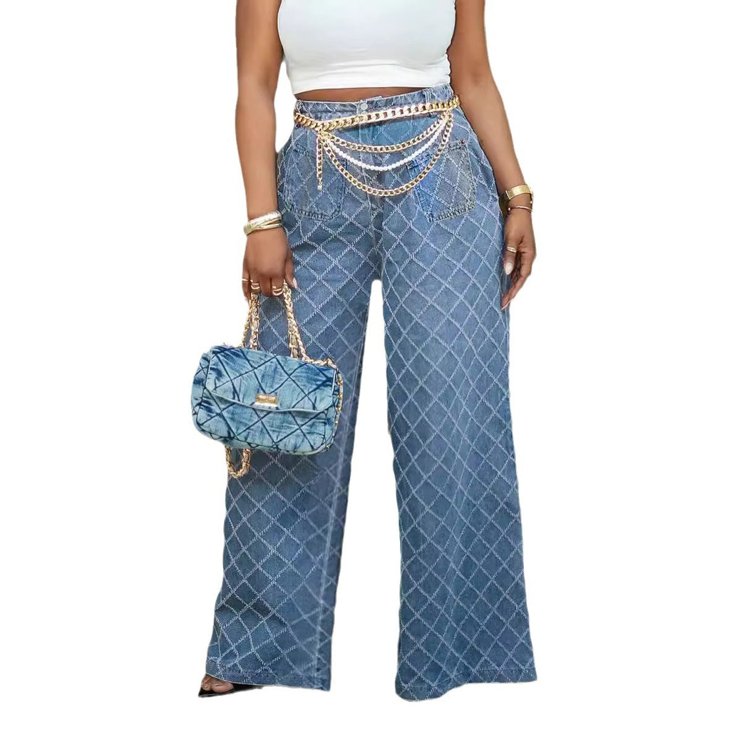 Grid Jacquard High Waist Straight Leg Jeans