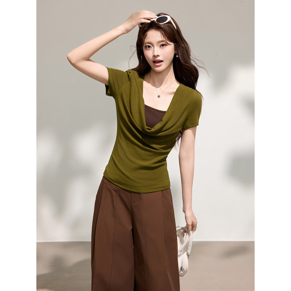 Color Block Drape Neck Short Sleeve Top