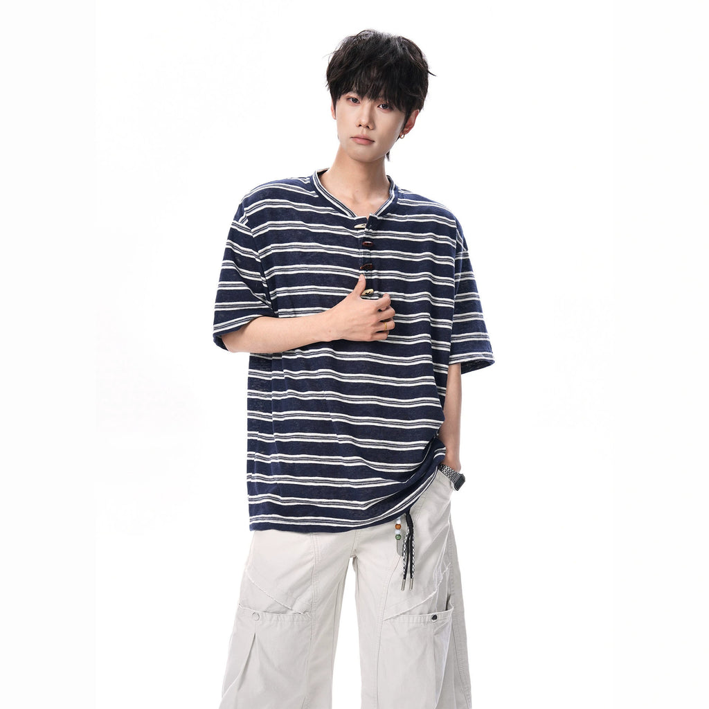 Henley Neck Stripe Short Sleeve T-Shirt