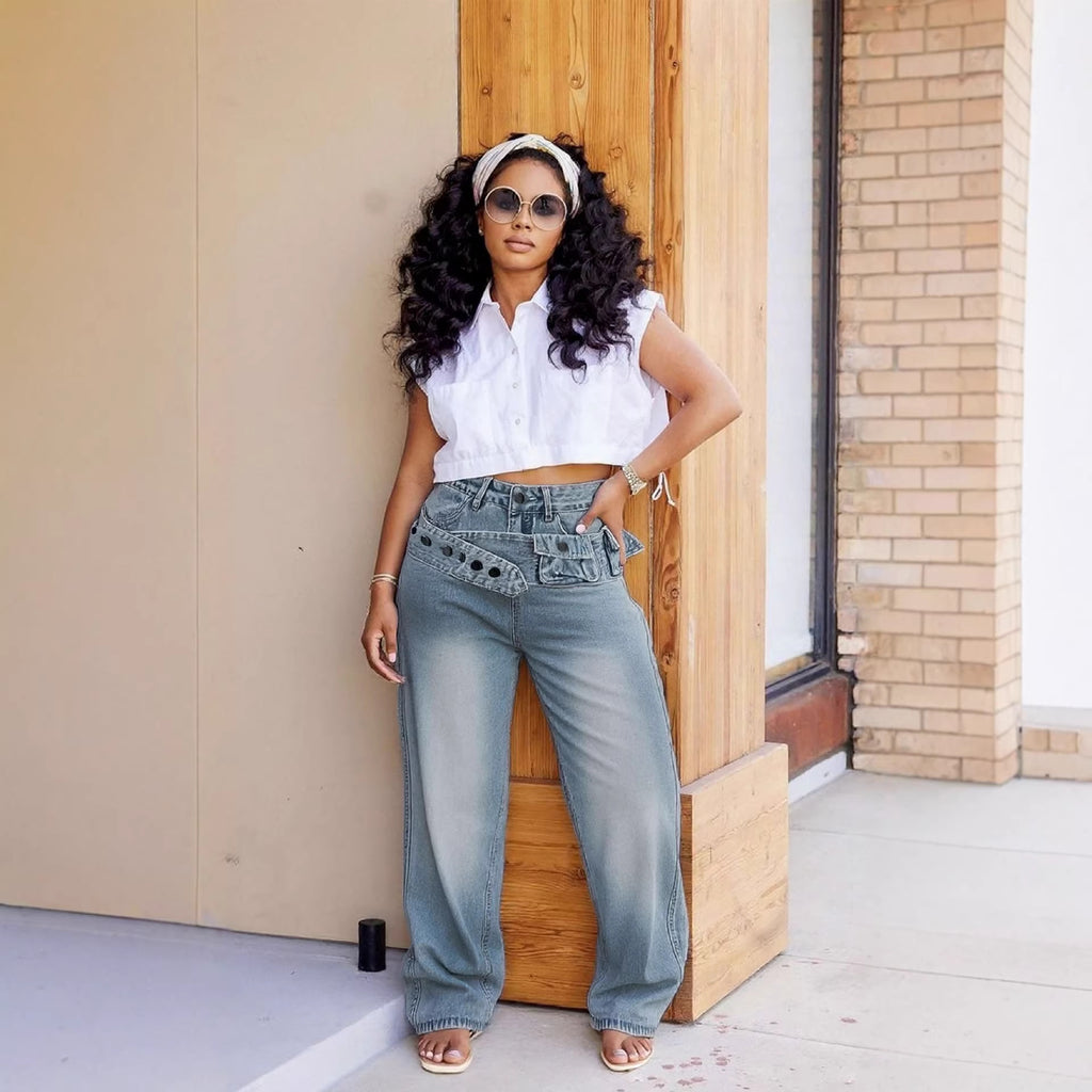 Multi-Pocket Belted Distressed Denim Pants