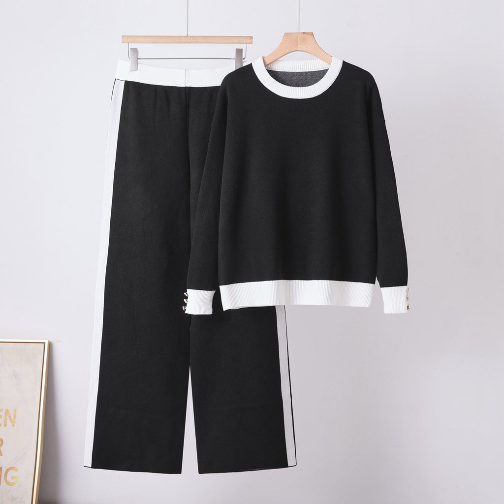 Round Neck Knit Sweater & Wide Leg Pants Set