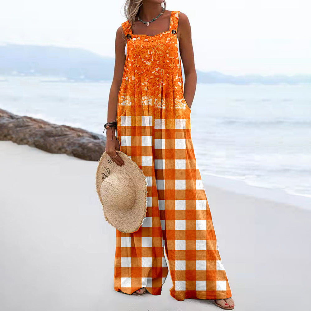 Women Jumpsuits Summer Overalls Boho Vintage Print Square Neck Sleeveless Casual Rompers Pockets Wide-Leg Pants Womans Playsuit