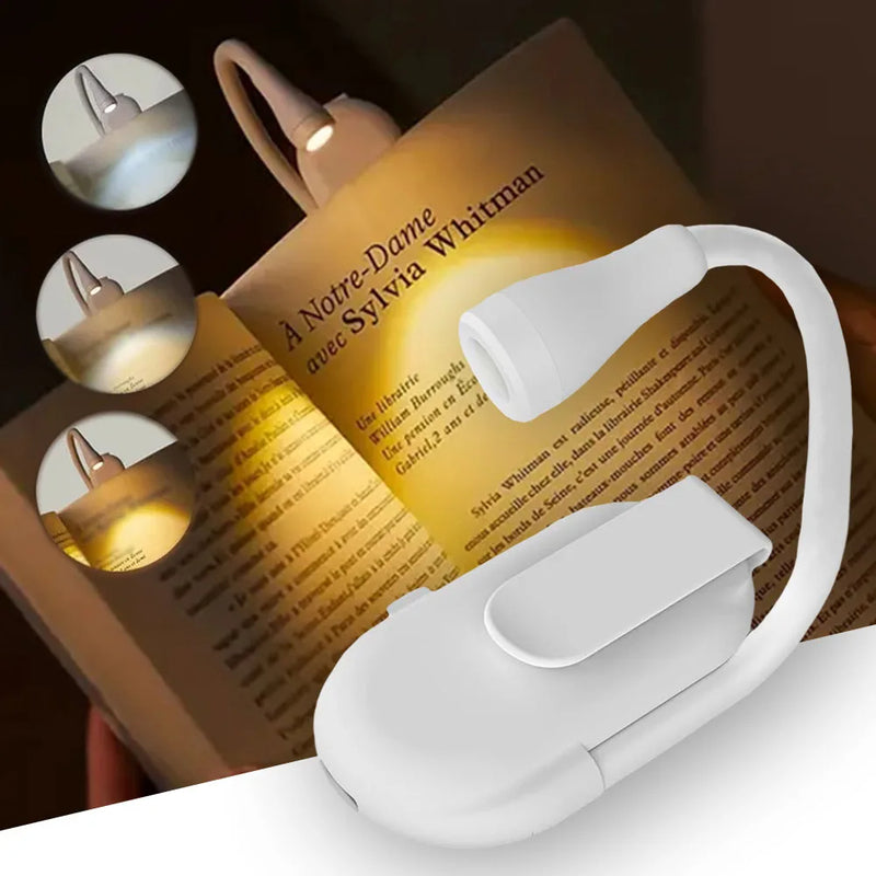 Clip-On Book Light – Rechargeable LED Reading Lamp with 3 Colors & Stepless Brightness for Bed, Travel & Hotels
