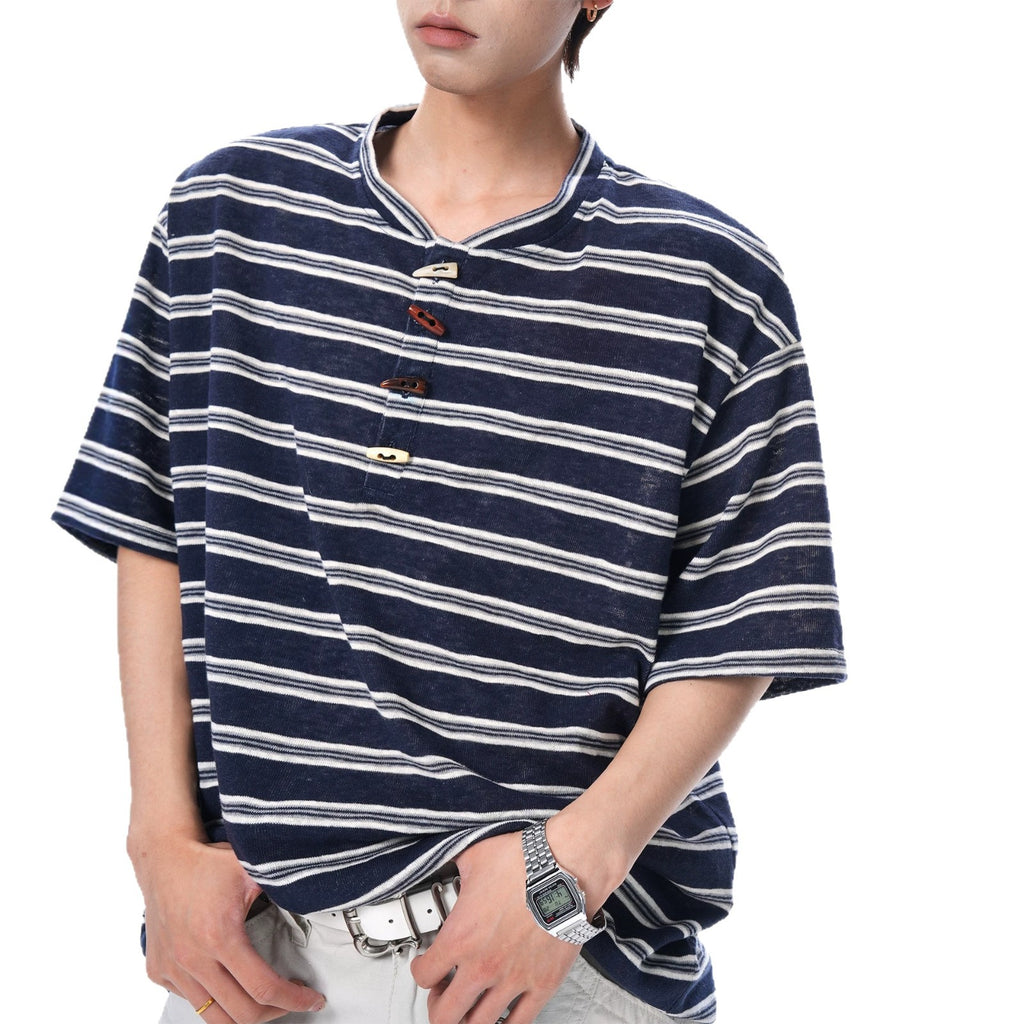 Henley Neck Stripe Short Sleeve T-Shirt
