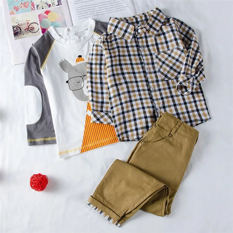 Boys' 3-Piece Plaid Outfit Set – Coat, T-Shirt & Pants for Toddlers