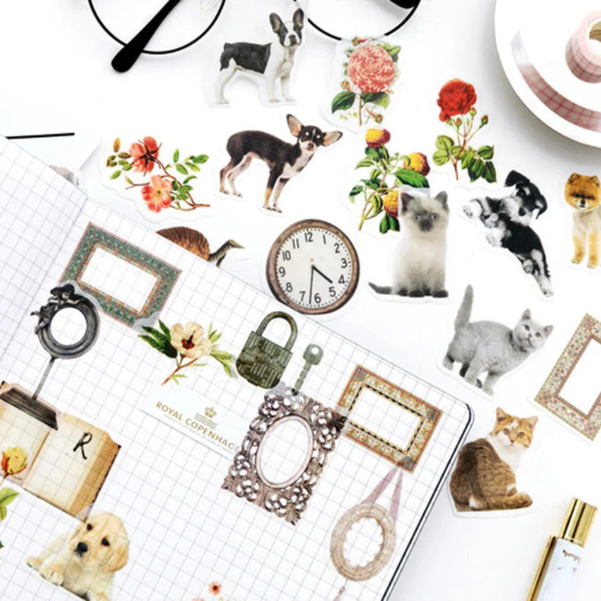 Kawaii Animal & Plant Retro Sticker Pack — 34-38pcs DIY Diary & Scrapbooking Decor Supplies