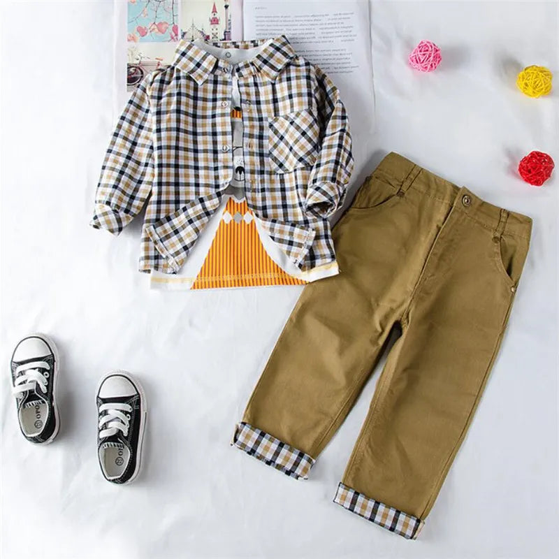 Boys' 3-Piece Plaid Outfit Set – Coat, T-Shirt & Pants for Toddlers
