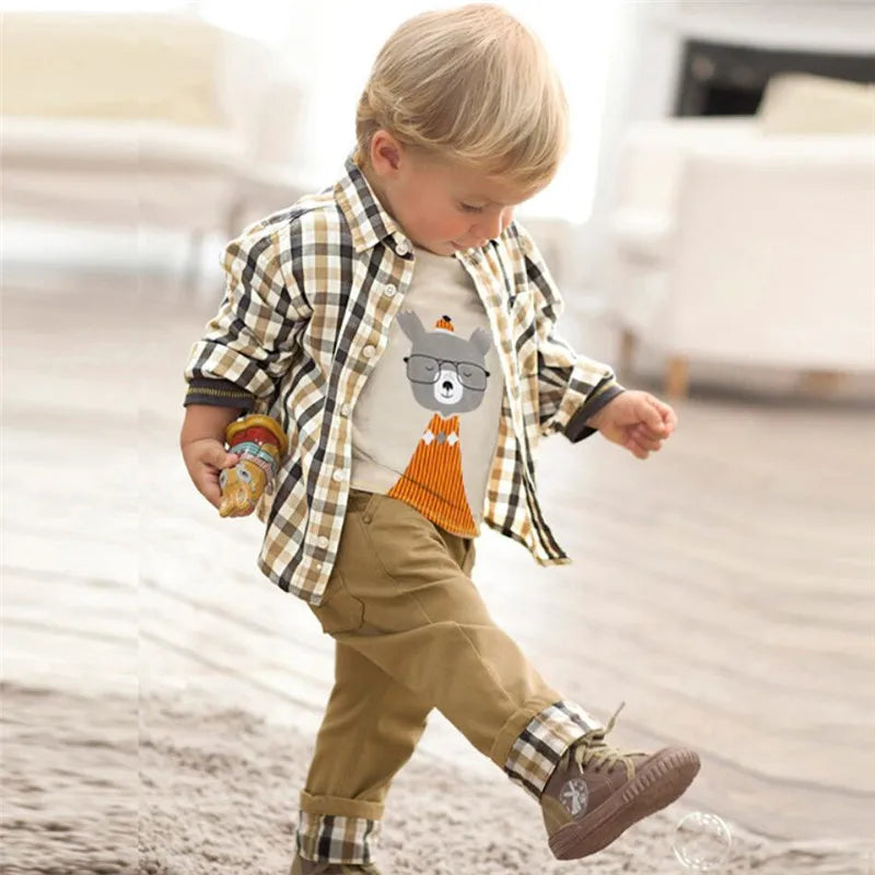 Boys' 3-Piece Plaid Outfit Set – Coat, T-Shirt & Pants for Toddlers