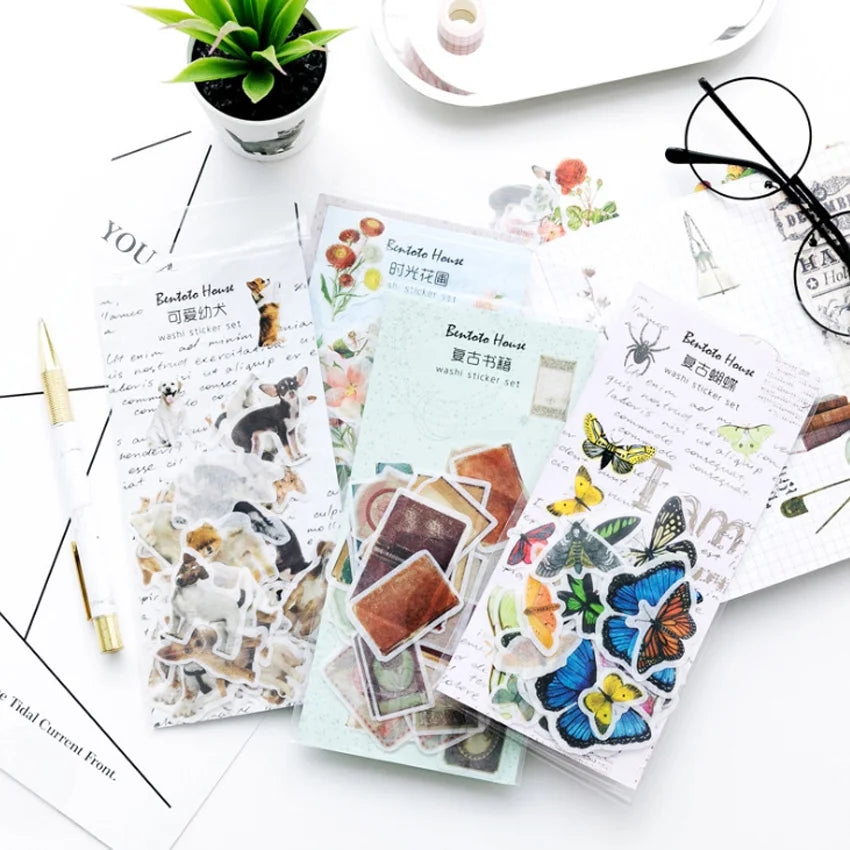 Kawaii Animal & Plant Retro Sticker Pack — 34-38pcs DIY Diary & Scrapbooking Decor Supplies