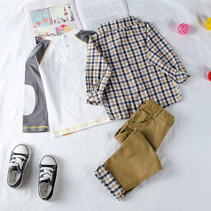 Boys' 3-Piece Plaid Outfit Set – Coat, T-Shirt & Pants for Toddlers