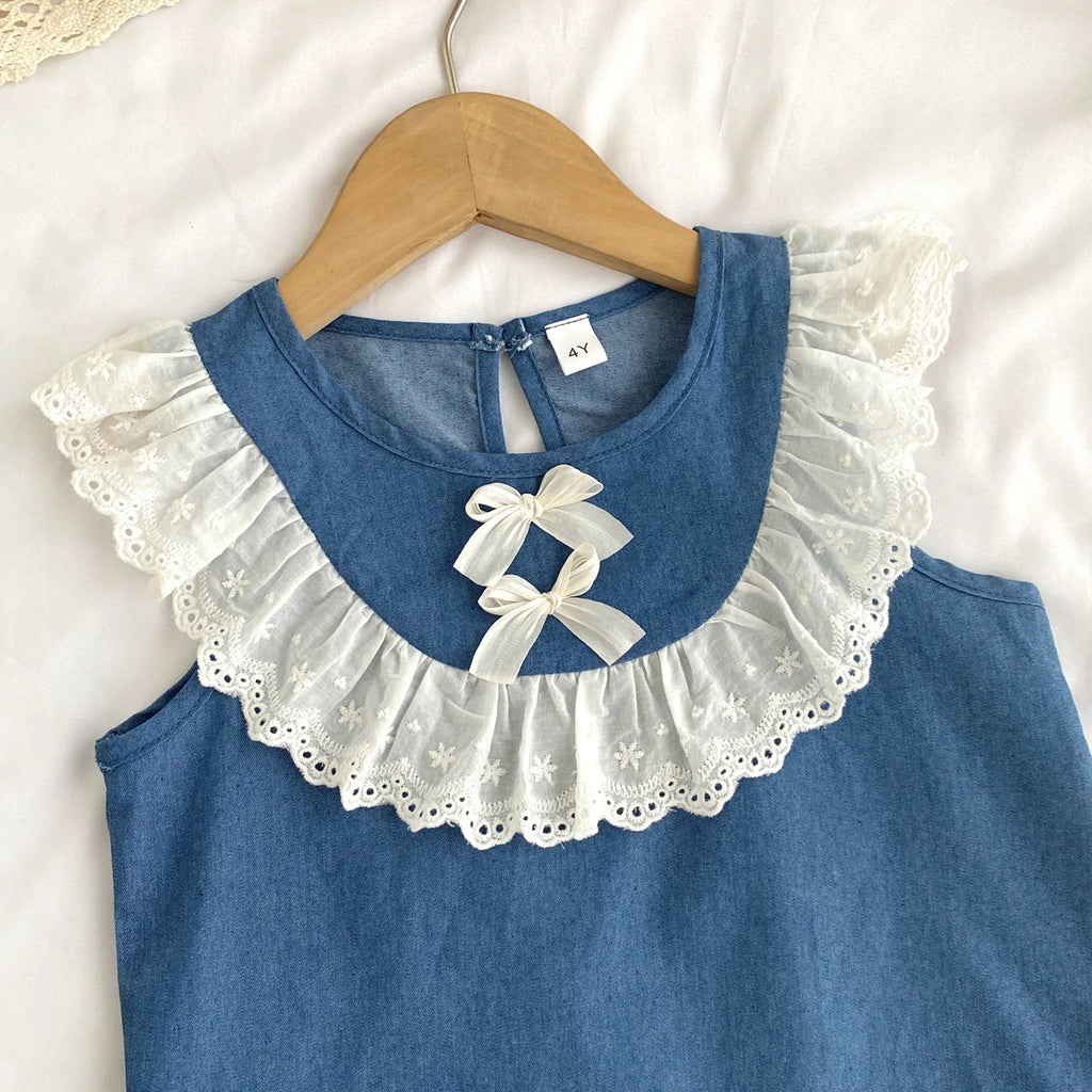 Girls' Cowboy Lace Bow & Wide Leg Pants Set – Summer Fashion 2-Piece