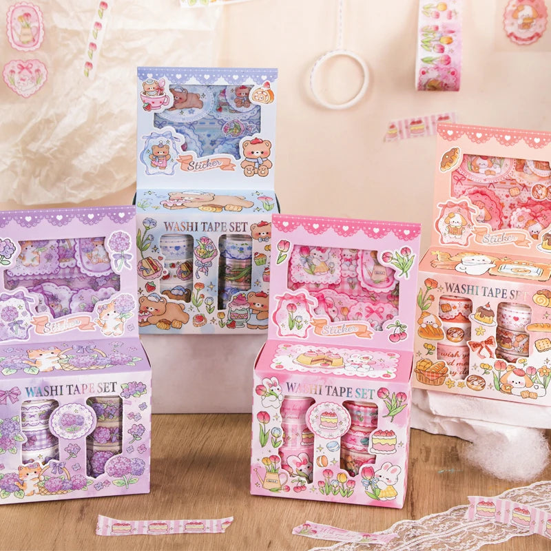 Kawaii Cartoon Washi Tape & Sticker Set — 10 or 40 Rolls + 4 Bonus Stickers for Scrapbooking & Journaling