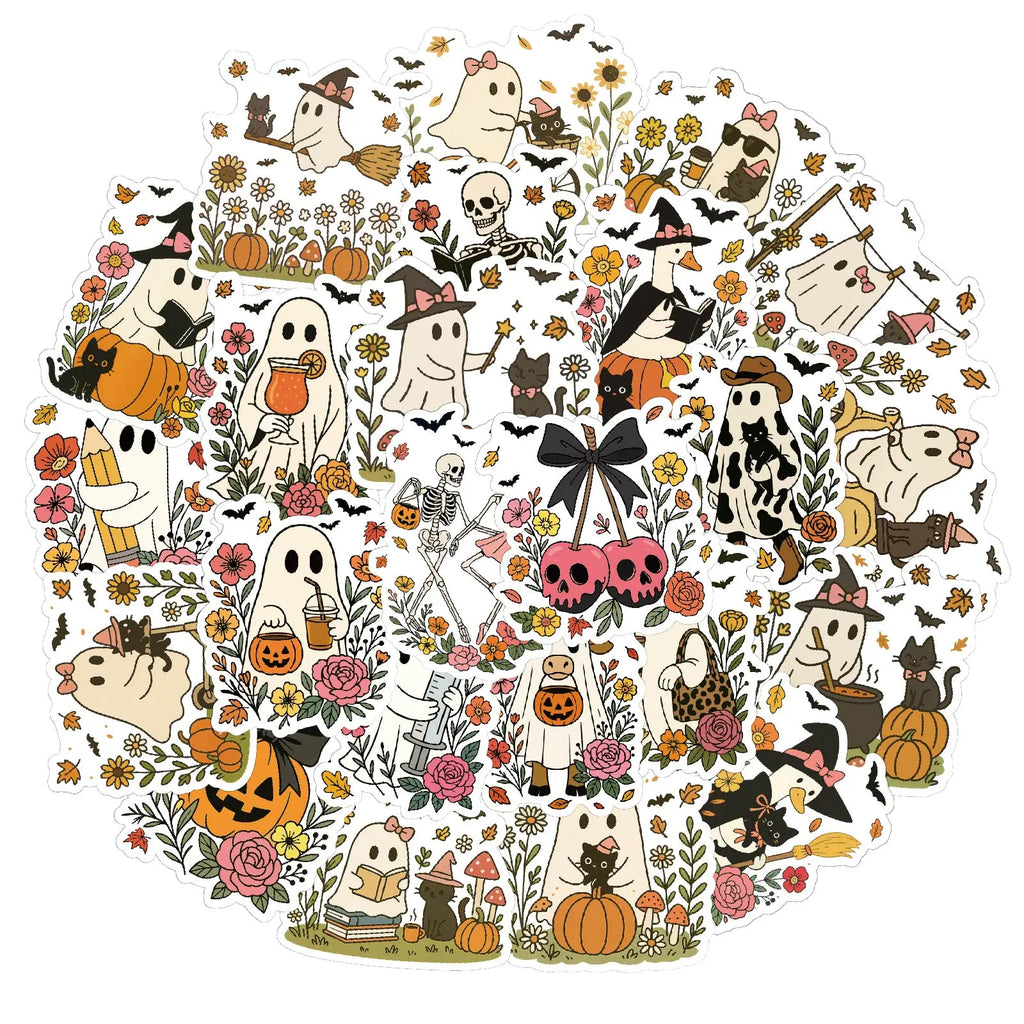 Halloween Ghost & Flower Sticker Pack (48pcs) — Cute Party Decals