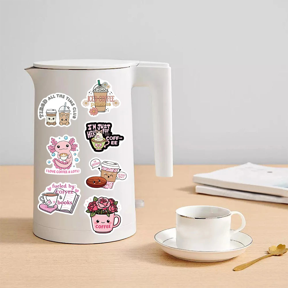 Fun Pink Coffee Art Sticker Pack (50pcs) — I Love Coffee Decals for Water Bottles, Laptops & More