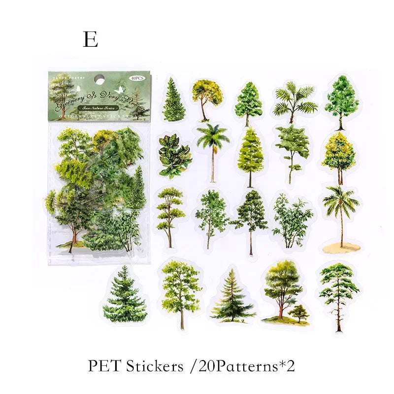Nature Colorful Tree Sticker Pack (40pcs) — PET Decals for Scrapbooking, Journals & Collage
