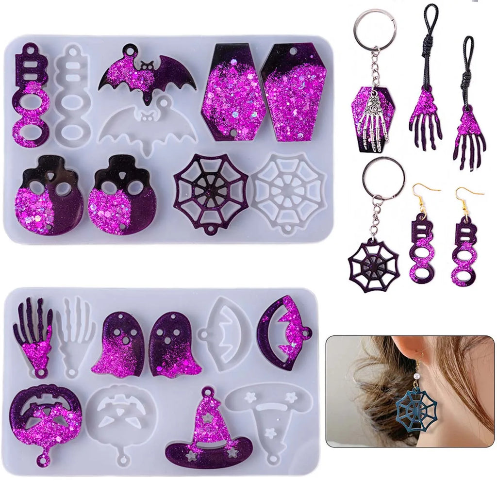 3D Halloween Resin Mold Set — Skull, Pumpkin, Bat & Ghost for Earrings, Pendants & Keychains