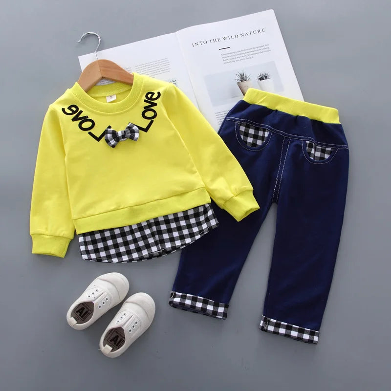 Girls' Bow Plaid Long Sleeve Top & Pants Set – 2-Piece Toddler Outfit