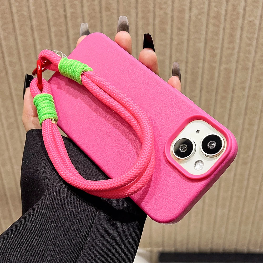 Silicone iPhone Case with Lanyard Strap – Candy Colors, Lichee Pattern, Shockproof Cover for iPhone 11–17