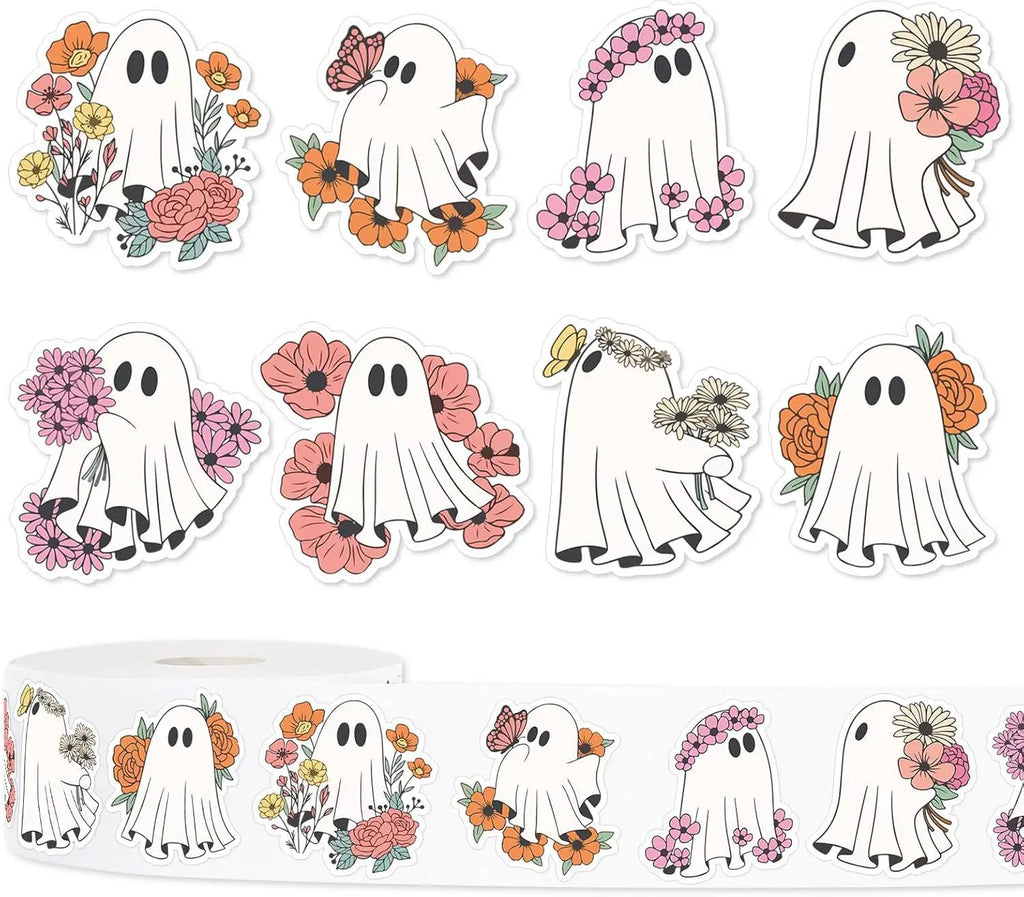 Halloween Sticker Roll (500pcs) — 8 Floral Ghost Designs, Round Sealing Labels
