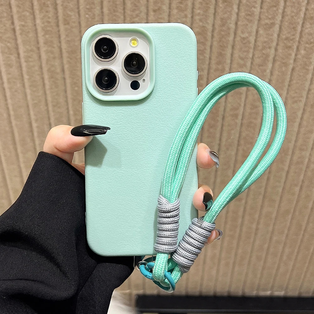 Silicone iPhone Case with Lanyard Strap – Candy Colors, Lichee Pattern, Shockproof Cover for iPhone 11–17