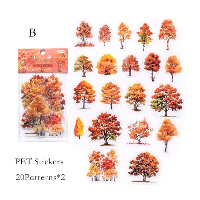Nature Colorful Tree Sticker Pack (40pcs) — PET Decals for Scrapbooking, Journals & Collage