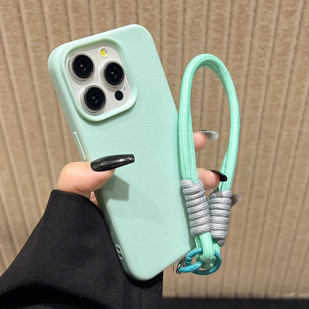 Silicone iPhone Case with Lanyard Strap – Candy Colors, Lichee Pattern, Shockproof Cover for iPhone 11–17