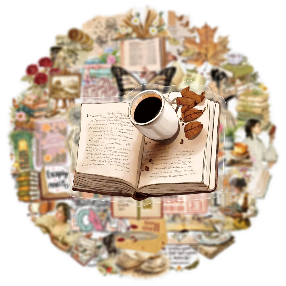 Vintage Book Lover Sticker Pack (50pcs) — Retro Reading, Butterfly & Coffee Waterproof Decals