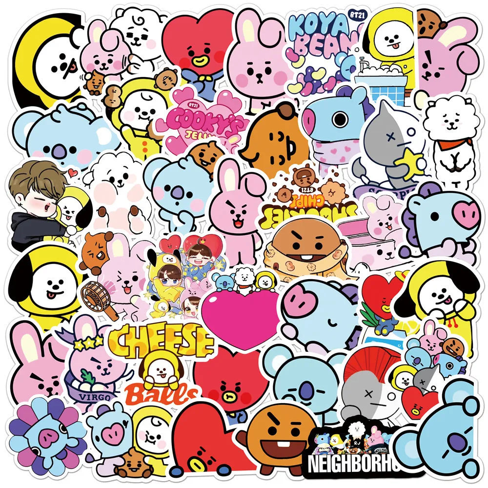 Kawaii BT21 Sticker Pack — Waterproof COOKY, KOYA & TATA Anime Decals for Laptops, Suitcases & More (50/82pcs)