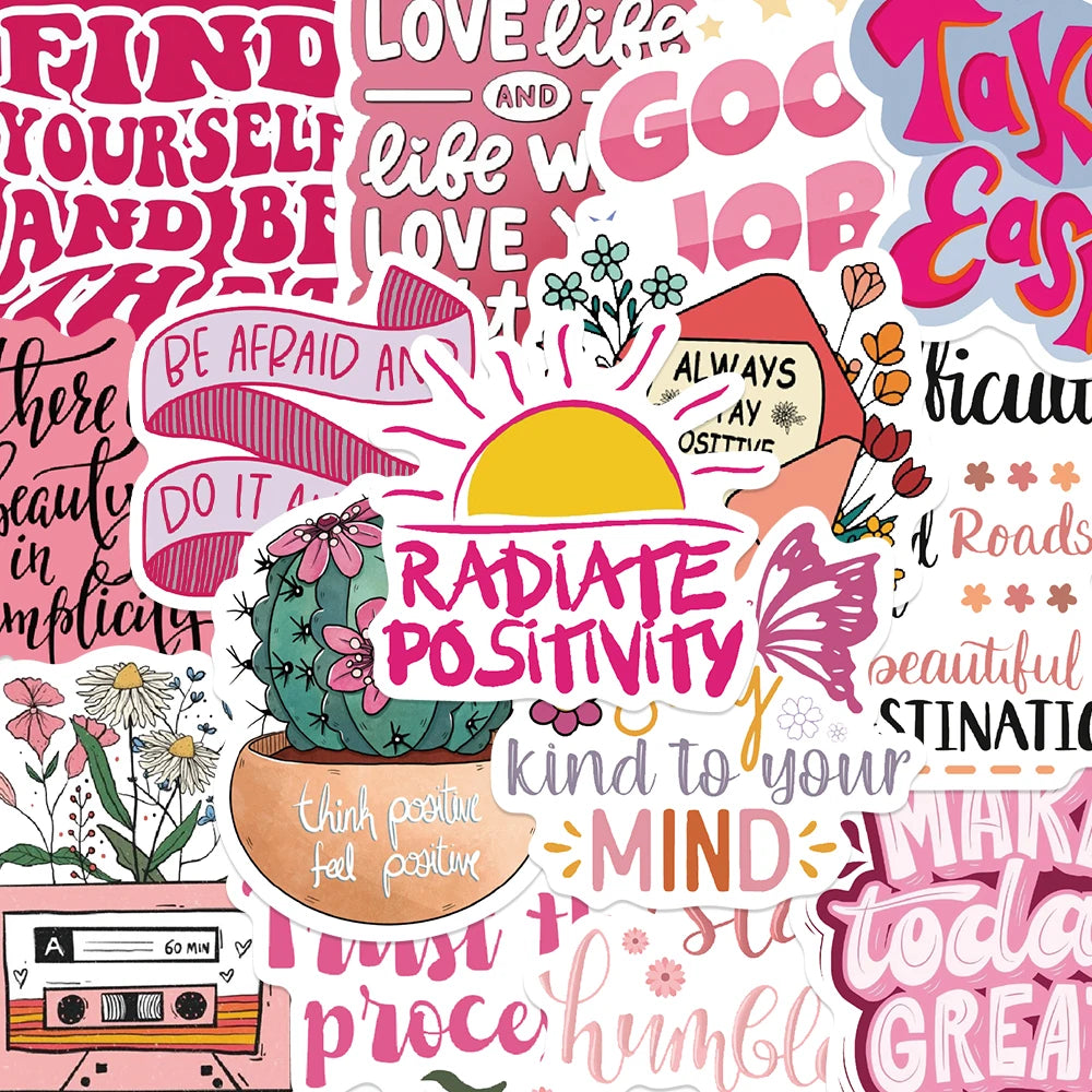 Pink Inspirational Phrases Sticker Pack (50pcs) — Cartoon Motivational Quote Decals for Notebooks, Suitcases & More