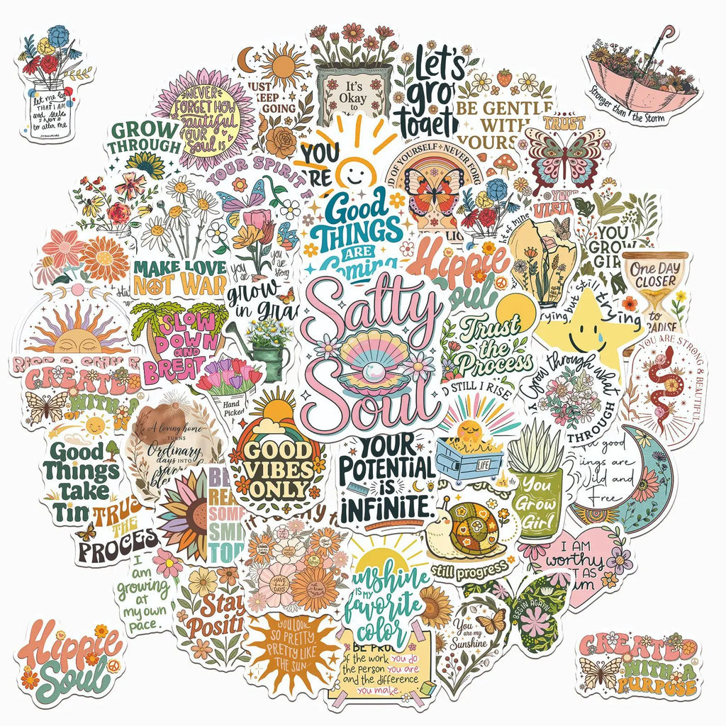 Aesthetic Motivational Quote Sticker Pack (50pcs) — Bohemian Art Decals for Laptops, Journals & More