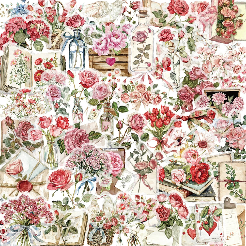 Floral Sticker Pack (50pcs) — Aesthetic Waterproof Flower & Nature Decals for Journals & Water Bottles