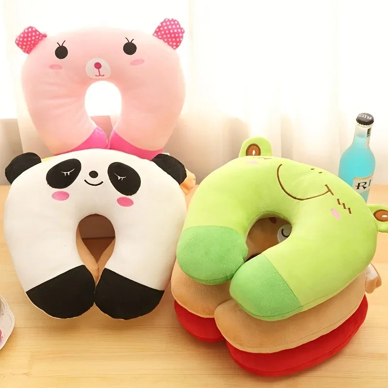 Cute Character U-Shaped Travel Neck Pillow — Frog, Panda, Bear & Strawberry Designs