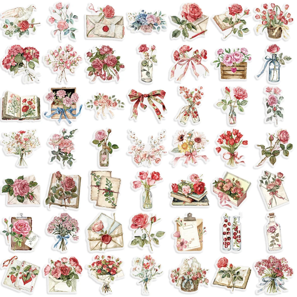 Floral Sticker Pack (50pcs) — Aesthetic Waterproof Flower & Nature Decals for Journals & Water Bottles