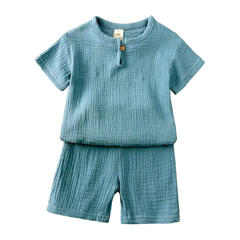 Kids Cotton Linen Outfit Set – Short Sleeve Top & Shorts, Ages 2–7