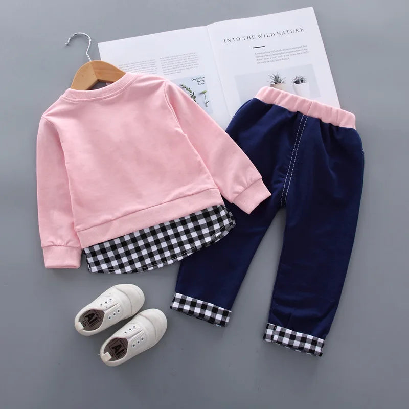 Girls' Bow Plaid Long Sleeve Top & Pants Set – 2-Piece Toddler Outfit