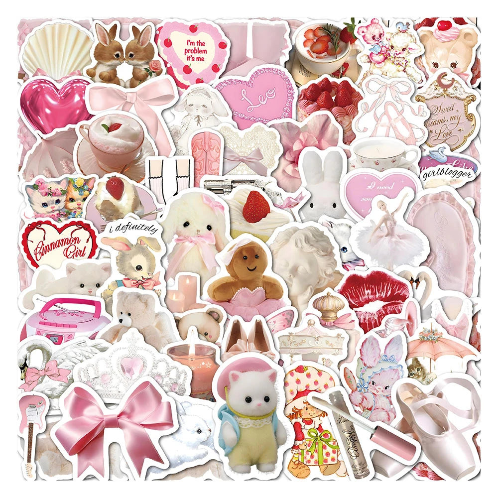 Kawaii Pink Cartoon Sticker Pack — Cute Aesthetic Decals (10 / 30 / 60pcs)