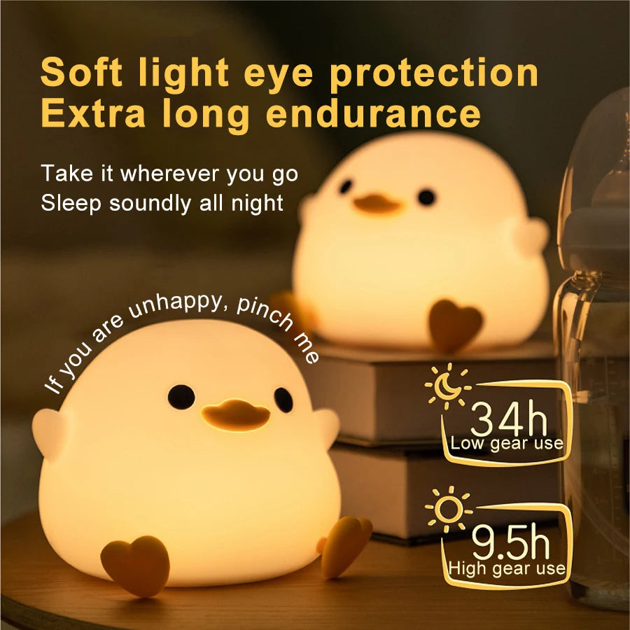 Cute Duck LED Night Light for Kids – Touch Dimming, USB Rechargeable Silicone Cartoon Lamp
