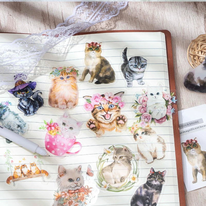 Kawaii Cat Theme Sticker Pack (30pcs) — Aesthetic PET Cartoon Decals for Junk Journals, Planners & DIY