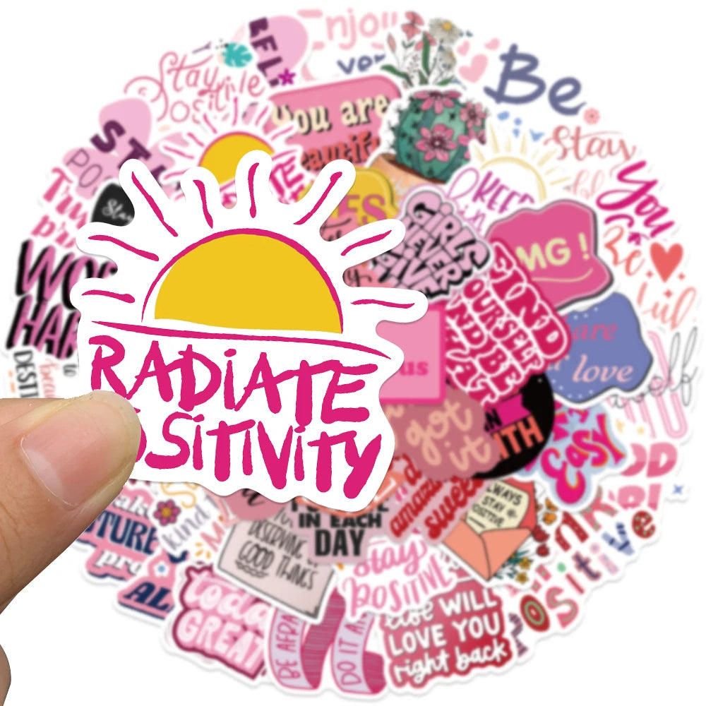 Pink Inspirational Phrases Sticker Pack (50pcs) — Cartoon Motivational Quote Decals for Notebooks, Suitcases & More