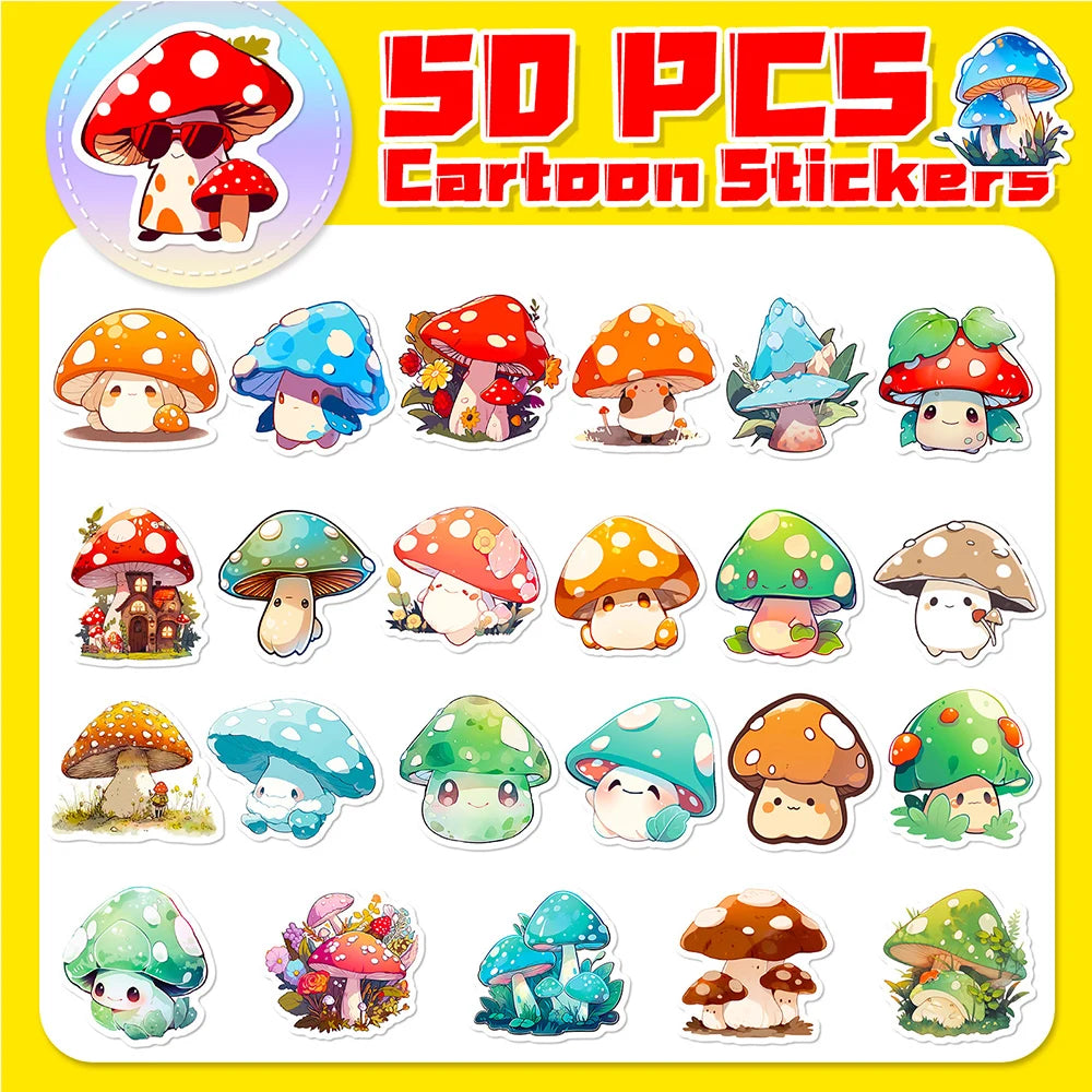 Kawaii Mushroom Sticker Pack — Fantasy Aesthetic Waterproof Decals (10 / 30 / 50pcs)