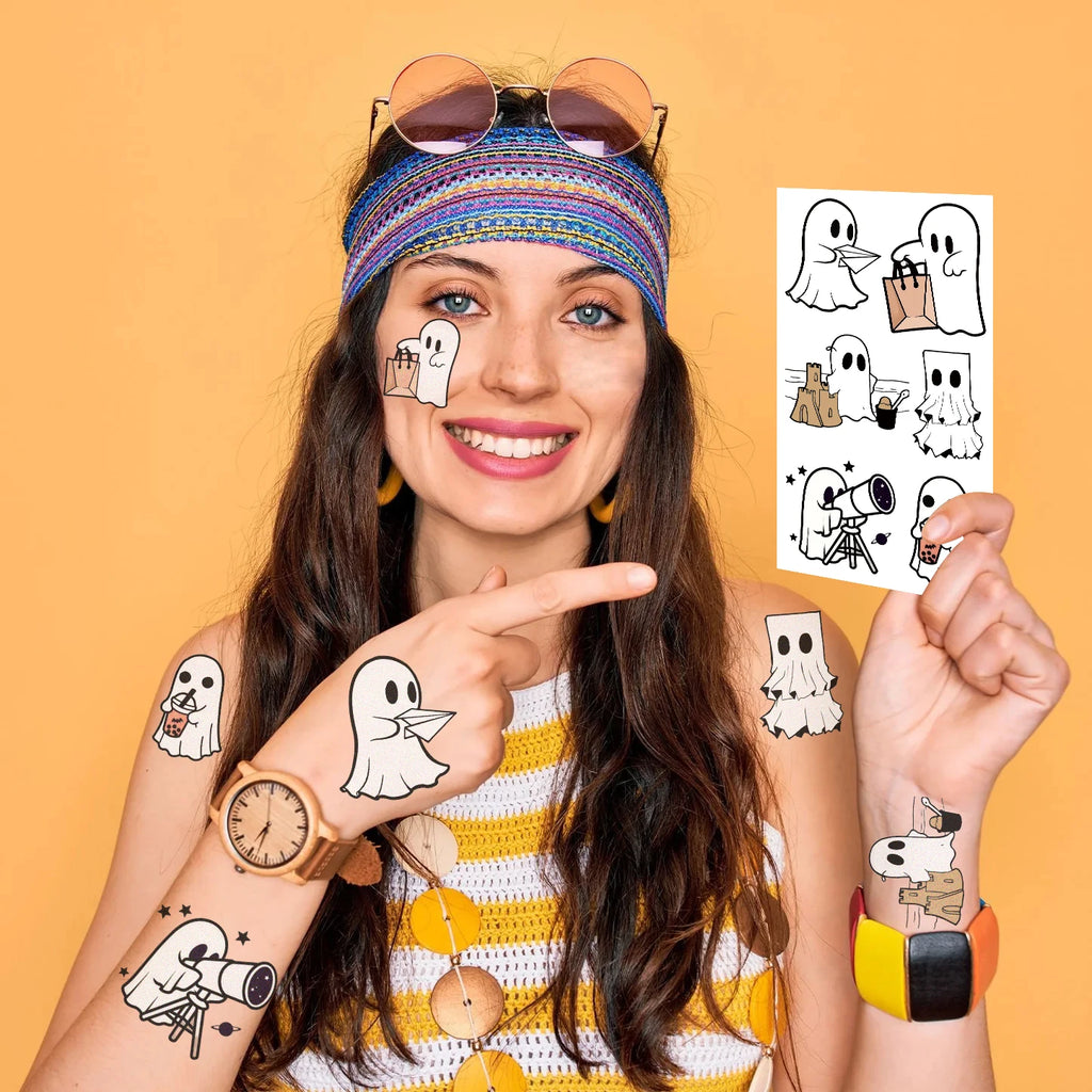 Halloween Ghost Temporary Tattoo Pack (10pcs) — Waterproof Cartoon Decals for Kids