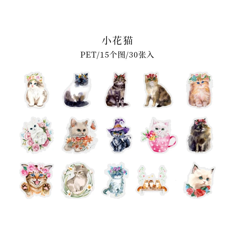 Kawaii Cat Theme Sticker Pack (30pcs) — Aesthetic PET Cartoon Decals for Junk Journals, Planners & DIY