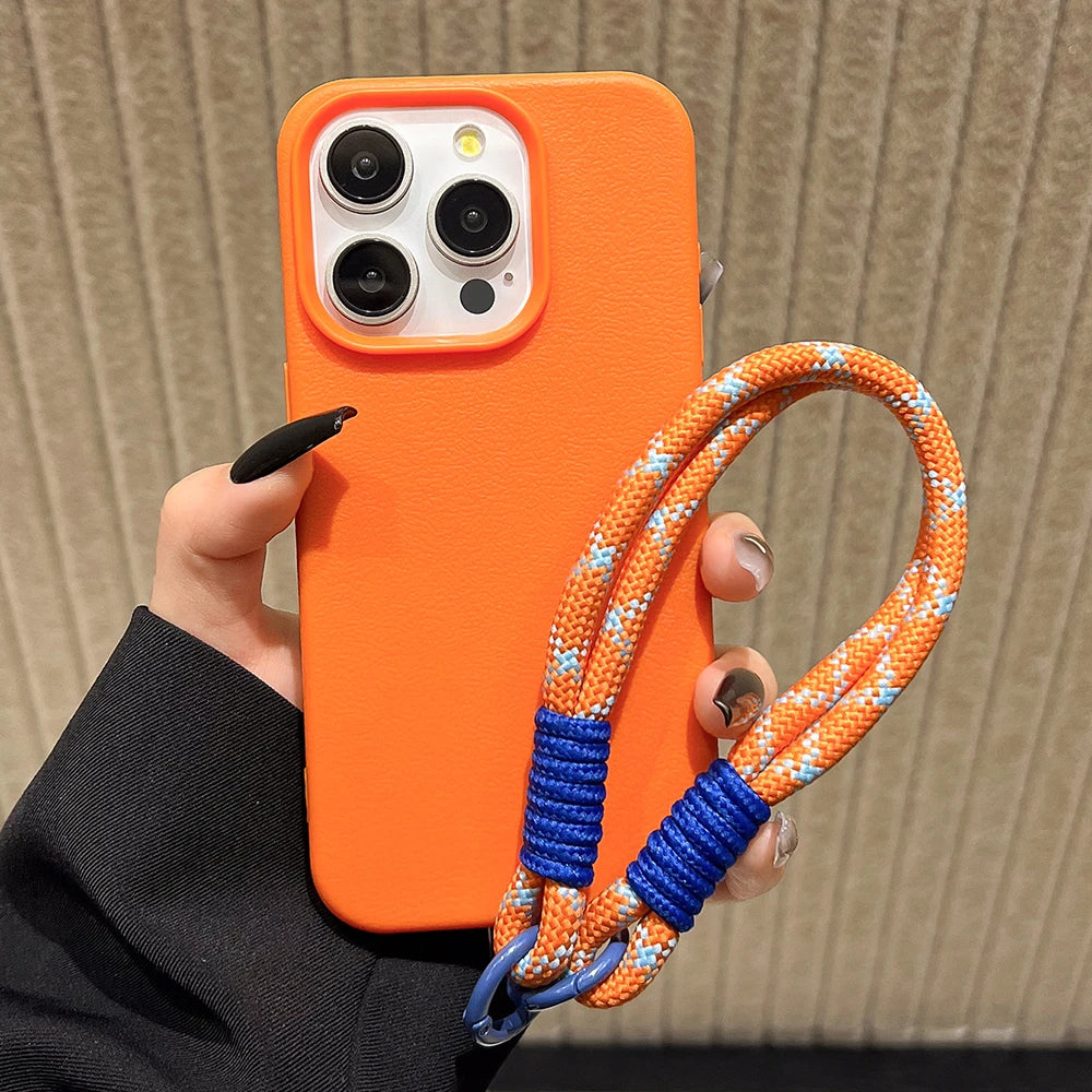 Silicone iPhone Case with Lanyard Strap – Candy Colors, Lichee Pattern, Shockproof Cover for iPhone 11–17