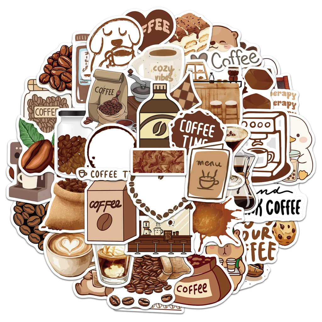 Kawaii Coffee Shop Sticker Pack – 10/30/50pcs Cute Latte & Coffee Bean Decals