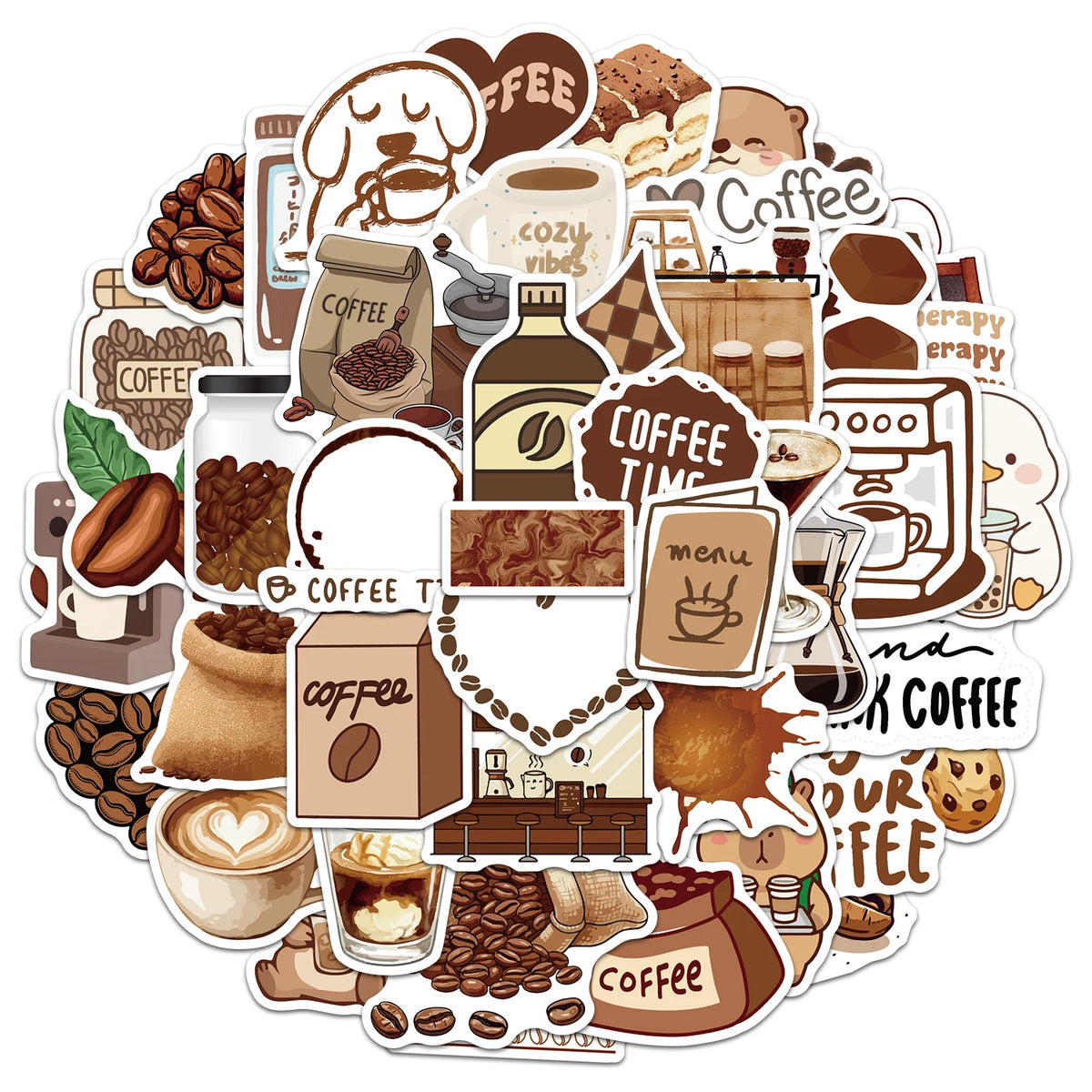 Kawaii Coffee Shop Sticker Pack – 10/30/50pcs Cute Latte & Coffee Bean Decals