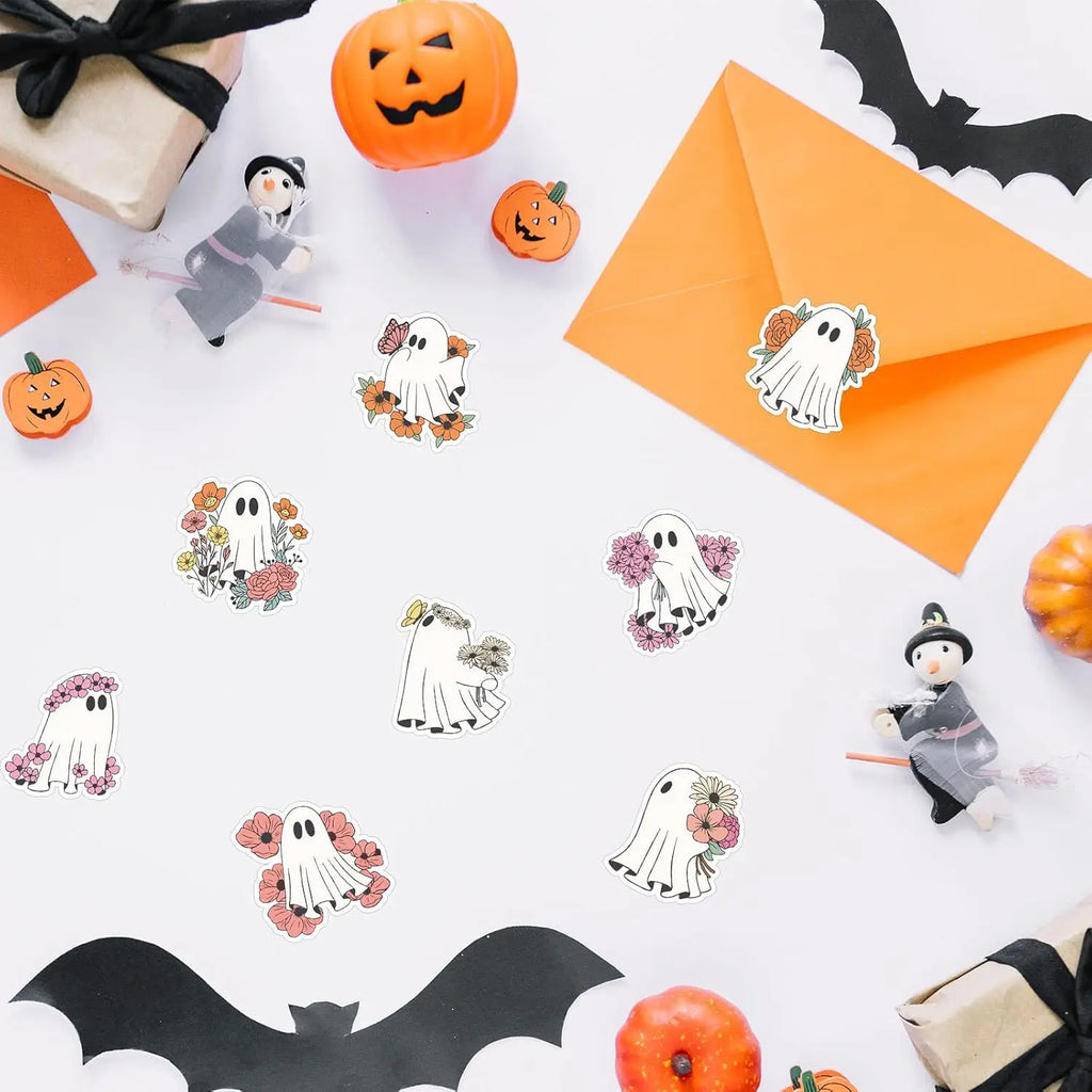 Halloween Sticker Roll (500pcs) — 8 Floral Ghost Designs, Round Sealing Labels