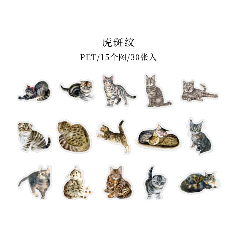 Kawaii Cat Theme Sticker Pack (30pcs) — Aesthetic PET Cartoon Decals for Junk Journals, Planners & DIY