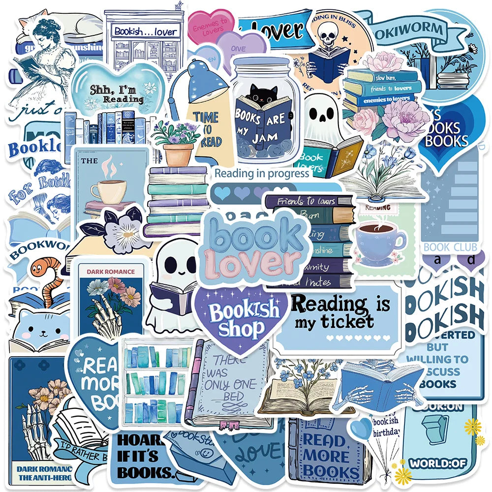 Blue Bookish Sticker Pack – 50pcs Literary Decals for Notebooks, Phone Cases & Desk Decor