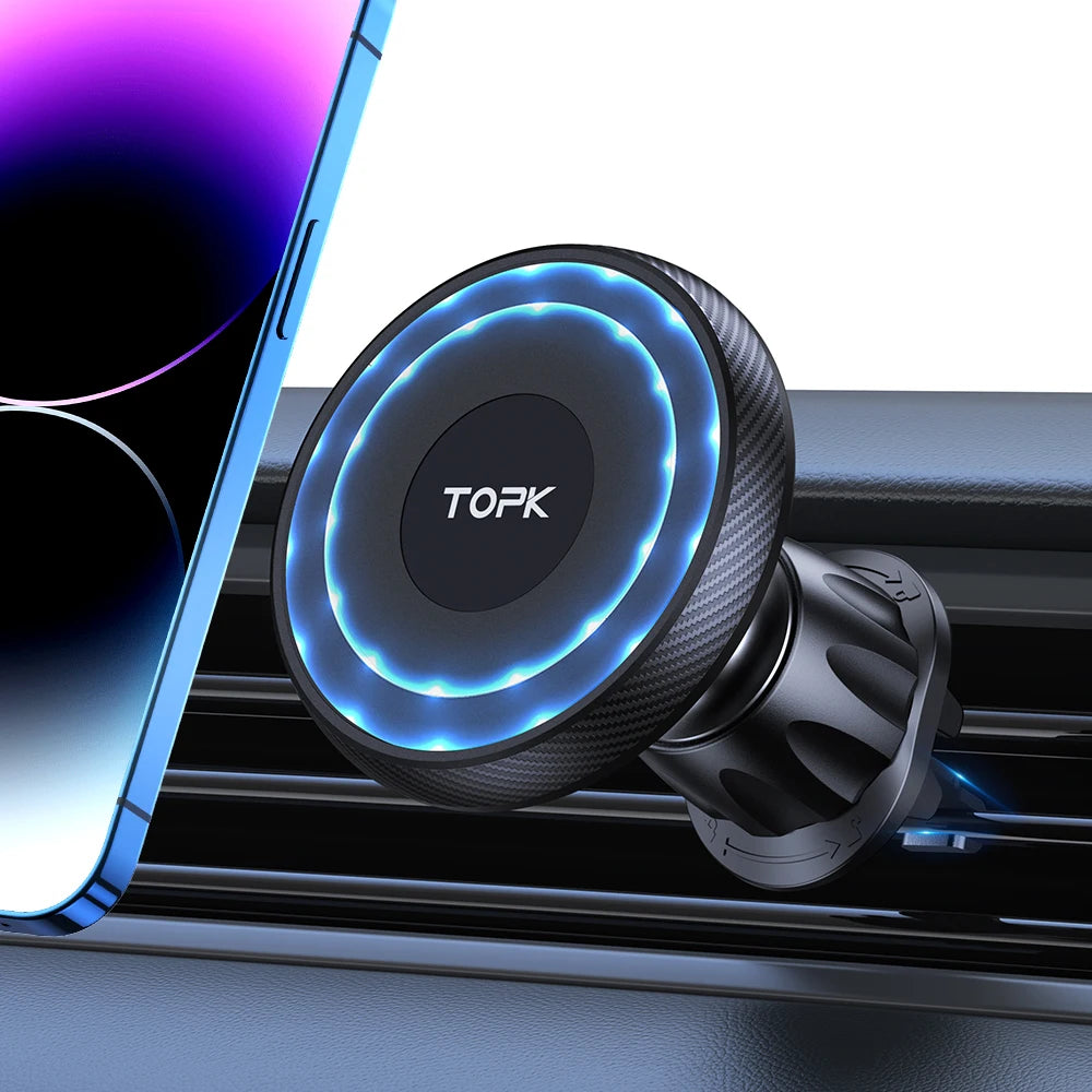 TOPK Magnetic Car Phone Mount – MagSafe Compatible, 20 Magnets, Metal Hook Vent Clip, One-Hand Operation